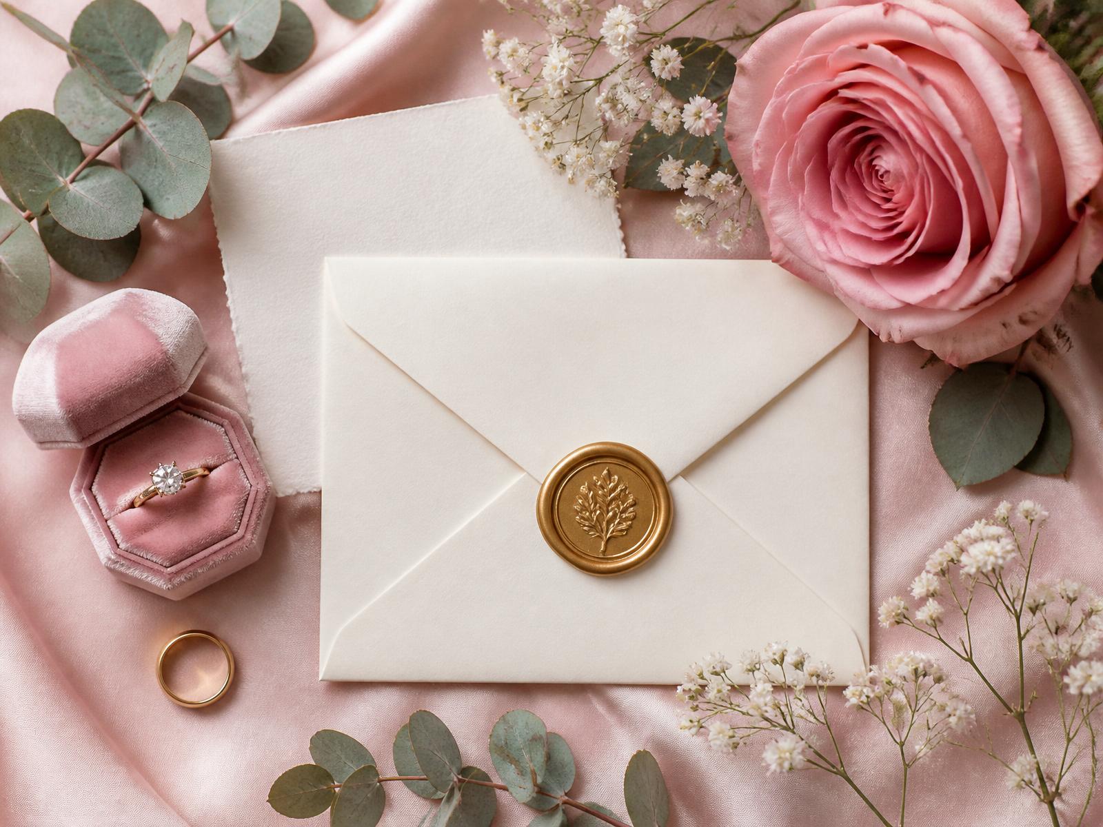 A pink rose, eucalyptus, cream envelope with gold wax seal and a diamond ring styled on blush silk